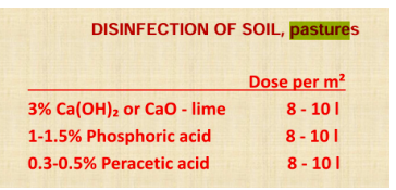 <p>4</p><p>Chemical disinfection (Lime, NaOH, formaldehyde)</p><ul><li><p>3% CaOH/lime, 1-1.5% phosphoric acid, 0.3- 0.5% peracetic acid excrement: formalin (1%)</p></li></ul><p>Burial or composting of contaminated materials.</p><p>Ploughing and sunlight exposure of soil</p><p>Restricting access of animals until pathogens are destroyed</p>