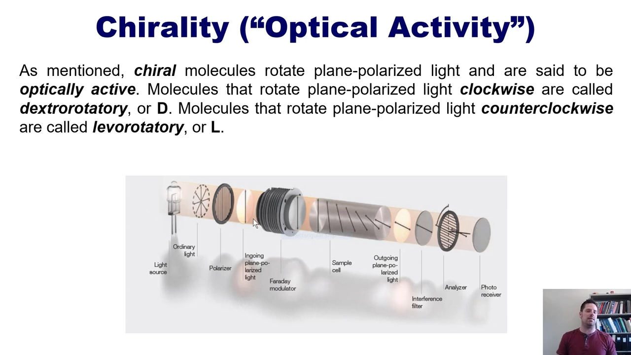 <p>the ability to rotate plane polarized light in a polarimeter</p><p></p><p>When they rotate it counterclockwise its L, and when they rotate it clockwise its D</p>