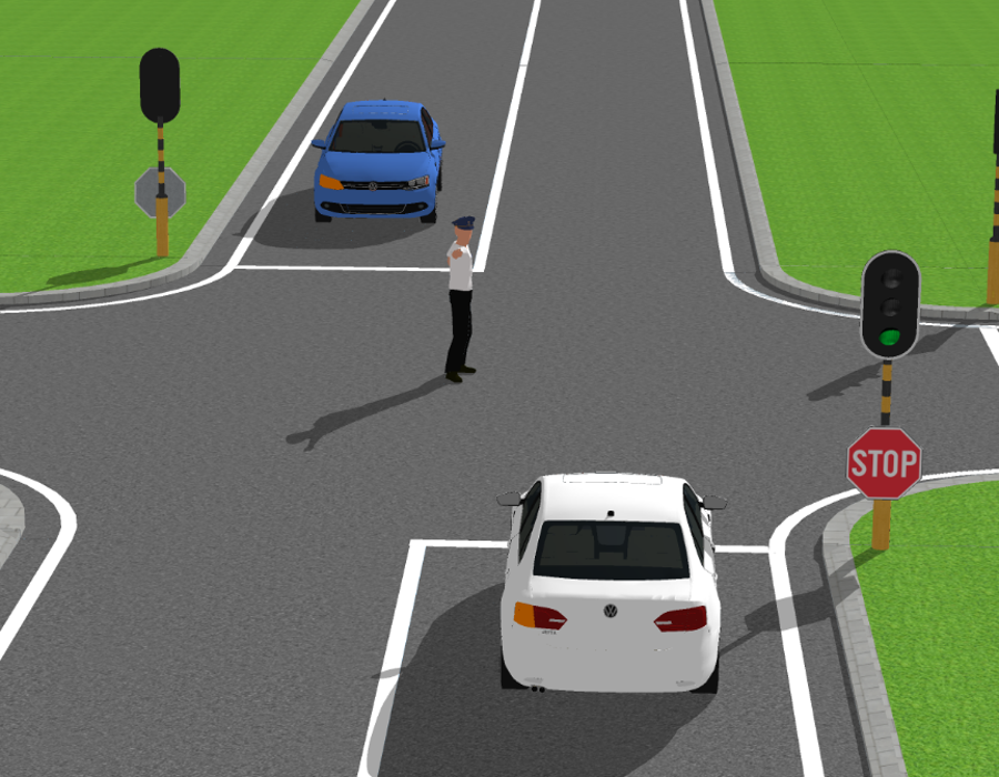 <p>Je rijdt in de witte auto en wil links afslaan. rij je voor of achter de politie</p>