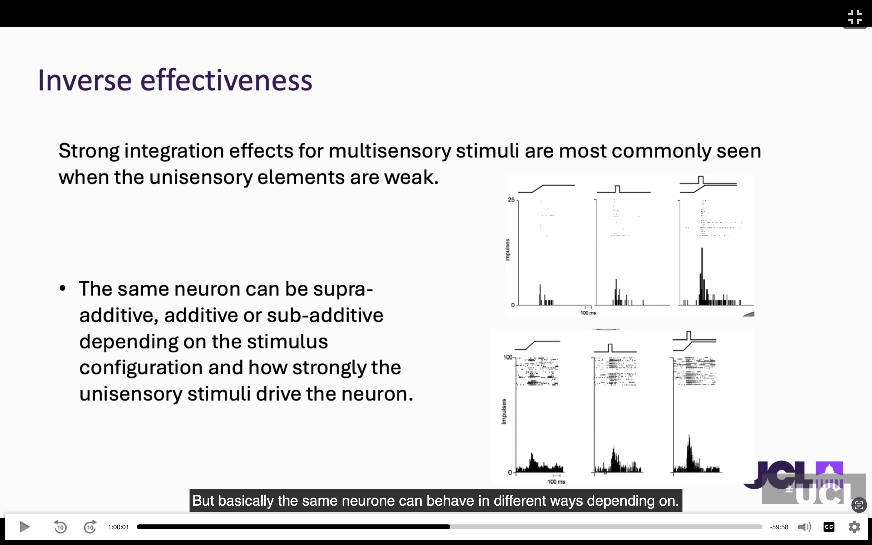 <p>The three principles are:</p><ul><li><p><strong>Spatial congruence:</strong> signals from the <strong>same location</strong> are more likely to be integrated.</p></li><li><p><strong>Temporal congruence:</strong> signals occurring <strong>close together in time</strong> are more likely to be integrated.</p></li><li><p><strong>Inverse effectiveness:</strong> multisensory enhancement is strongest when the <strong>individual sensory signals are weak</strong>.</p></li></ul><p>Combining senses can improve the <strong>signal-to-noise ratio</strong>, provide complementary information, and help resolve <strong>uncertain or conflicting sensory information</strong>.</p>