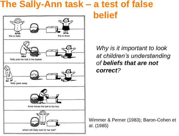 <p>Sally-Ann task</p><ul><li><p>Multiple reps of the world (1 right, 1 wong)</p></li><li><p>Bind each rep to 1 person</p></li><li><p>Key questions:</p><ul><li><p>Where is the ball?</p></li><li><p>Where will Sally look for the ball?</p></li></ul></li></ul><p></p>
