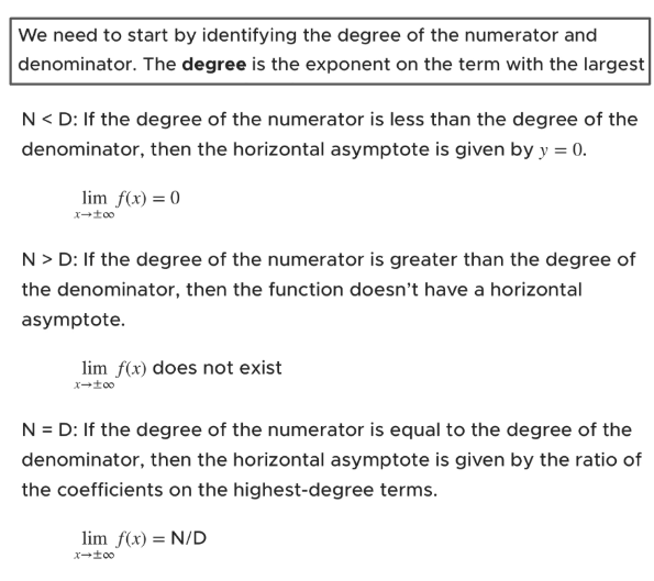 <p>rules for finding horizontal asymptotes </p><ol><li><p>degree N < D: y=o</p></li><li><p>degree N > D: HA does not exist</p></li><li><p>degree N = D: HA given by ratio of coefficients on highest degree (N/D)</p></li></ol><p></p>