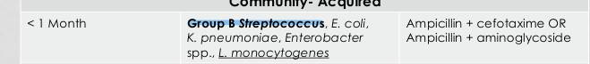 <p><span style="color: rgb(255, 255, 255);">ampicillin + cefotaxime </span></p><p><span style="color: rgb(255, 255, 255);">or</span></p><p><span style="color: rgb(255, 255, 255);">ampicillin + aminoglycoside</span></p><p></p><p><span style="color: yellow;"><em>FYI - (ampicillin would cover the gram positives… GBS &amp; listeria)</em></span></p><p><span style="color: yellow;"><em>(cefoxatime or aminoglycoside would cover the gram (-)s = e.coli, klebsiella, and enterobacter)</em></span></p>