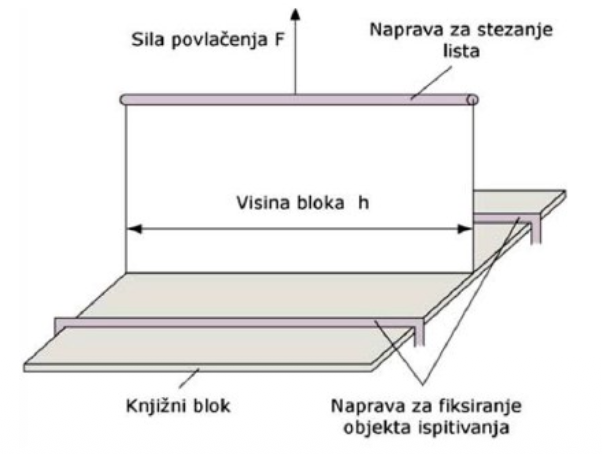 <p>Staticka metoda ispitivanja kvaliteta bešavnog poveza kod kojeg se meri sila odvajanja jednog lista od lepljenog poveza. Pri izvodjenju ispitivanja jedan list se opterecuje po citavoj duzini poveza silom, normalnom na poveznjak knjiznog bloka I vrsi se povlacenje lista sve do njegovog odvajanja od bloka. Jedinica -N/cm</p>