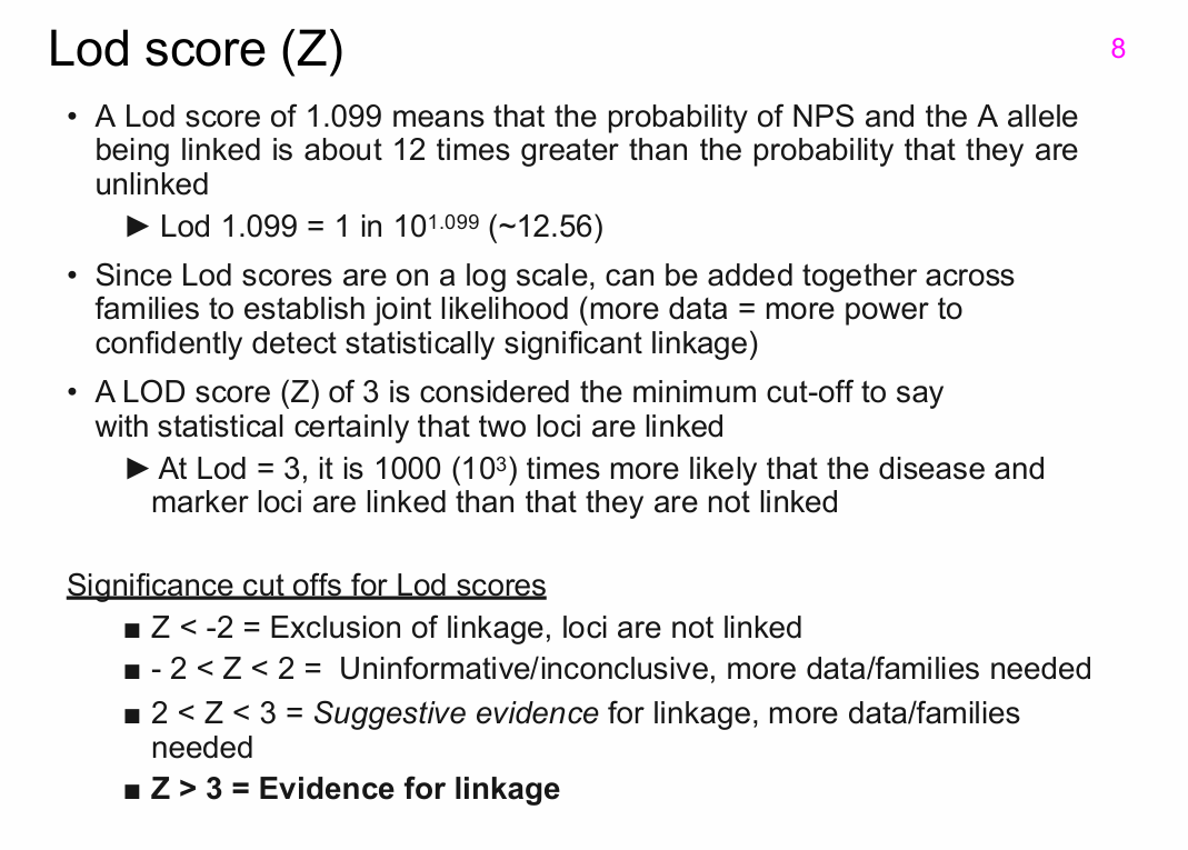 <p>What are the standard LOD-score interpretation thresholds given in the lecture?</p>