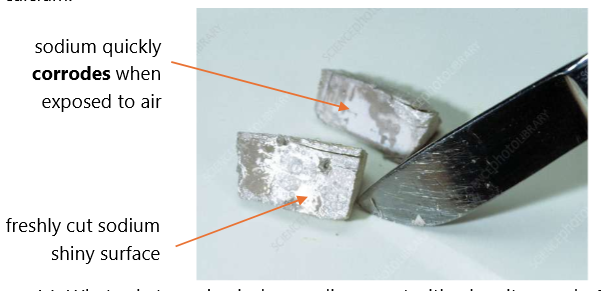 <p>Sodium <strong>corrodes</strong> quickly when exposed to air<br>The freshly cut surface of sodium is <u>shiny</u></p>