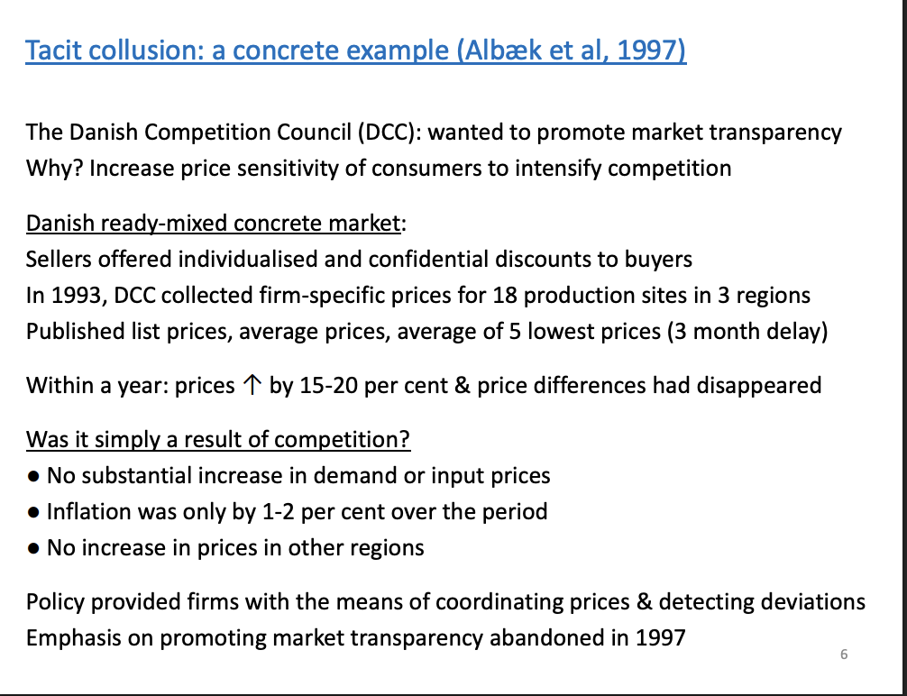 <p>Increase information for customers, the idea behind this is that if consumers have better information they would be able to shop around for the best prices and create more competition. They found that firms would offer individualised and discounts went against their policies of promoting market transparency so they collected the prices and published them.</p><p>&nbsp;</p><p>By publishing the information on prices, the competition council gave firms the information to collude. Was definitely collusion as they wasn't any price increases in other regions</p><p>&nbsp;</p><p>This information transparency approach was abandoned afterwards</p>