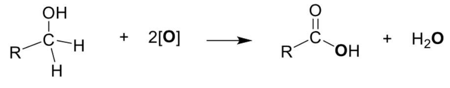 <ol><li><p><span style="background-color: transparent;">Oxidation of alcohol&nbsp;</span></p></li></ol><ul><li><p><span style="background-color: transparent;">Type of reaction: Oxidation</span></p></li><li><p><span style="background-color: transparent;">Reagents and conditions: K2Cr2O7(aq), H2SO4(aq), heat under reflux OR KMnO4(aq), H2SO4(aq), heat</span></p></li><li><p><span style="background-color: transparent;"><strong>CH2OH -> COOH&nbsp;</strong></span><strong><br></strong></p></li></ul><ol start="2"><li><p><span style="background-color: transparent;">Oxidation of aldehydes&nbsp;</span></p></li></ol><ul><li><p><span style="background-color: transparent;">Type of reaction: Oxidation</span></p></li><li><p><span style="background-color: transparent;">Reagents and conditions: K2Cr2O7(aq), H2SO4(aq), heat OR KMnO4(aq), H2SO4(aq), heat</span></p></li></ul><p></p>