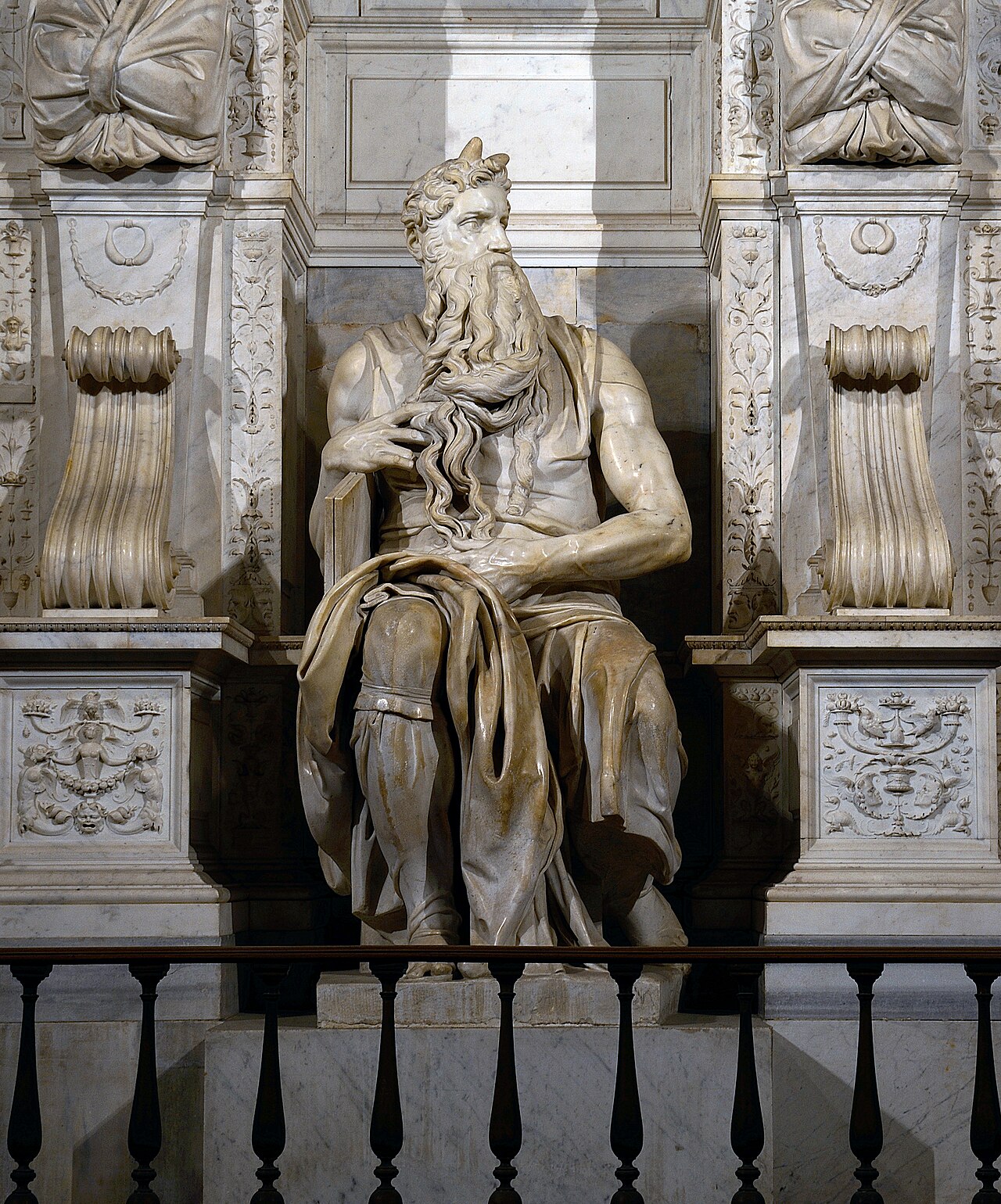 <p>Michelangelo, <em>Tomb of Pope Julius II</em>, marble, 1505-1545 (Church of S. Pietro in Vincoli, Rome), Detail: Moses, 1513-1515</p>
