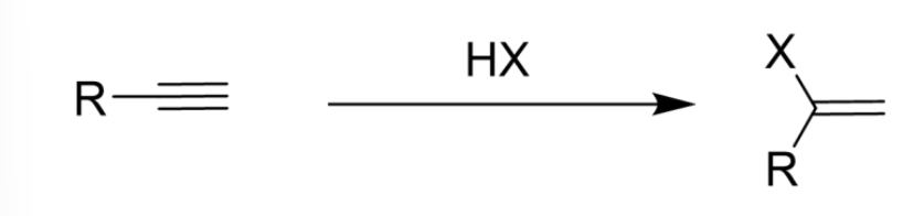 <ul><li><p>Markovnikov’s Rule</p></li><li><p>1 Equivalent makes an alkene, excess makes a dihalide</p></li></ul><p></p>