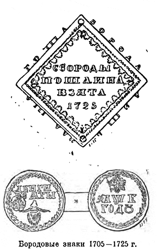 <p><strong>26 авг. 1698 г</strong>. - Петр, вернувшись из Великого посольства, начинает остригать бороды боярам и прочим чинам.<br><strong>1699 г. -</strong> появление бородовых знаков для тех, кто не хотел сбривать бороду и должен был платить за это.<br><strong>16 янв. 1705 г</strong>. - вводятся пошлины 4 размеров для нежелающих брить бороду - от 30 до 100 руб. в год.<br><strong>С 1715 г.</strong> - единая пошлина в 50 руб. в год.<br><strong>1772 г</strong>. - отмена пошлин за ношение бороды.<br><strong>1705-1706 гг</strong>. - Астраханское восстание:<br><em>Причины</em>: произвол воеводы Т. Ржевского в отношении стрельцов и его спекуляции с хлебом.<br><em>Повод</em>: указ Петра о брадобритии + ношение немецкого платья.</p><p>подавлял борису петровичу шереметьев</p><p></p><p><span>Бородовой знак, 1705 года с надчеканкой</span></p><p><span>Бородовые знаки 1725 вторая карточка)</span><br></p>