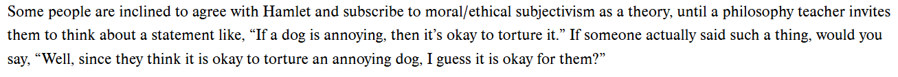 <p>the belief that a statement of moral/ethical value is true for the person that asserts it, not necessarily for everyone else</p>