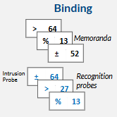 <p>binding condition assessed efficiency:</p><ul><li><p>presented with a list of memoranda that need to be bound to a specific context (symbol with number)</p></li></ul><ul><li><p>then given a recognition probe to see if they match → recognition task. intrusion probes were also shown as distractors</p></li></ul><p></p>