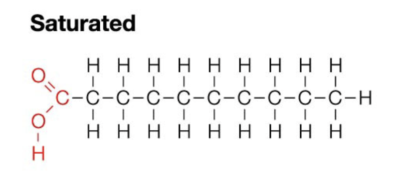 <ol><li><p>Single Bonds</p></li><li><p>Straight Tail</p></li><li><p>Solid at room temperature</p></li><li><p>Comes from animals</p></li></ol><p>Ex. Butter</p><p></p>