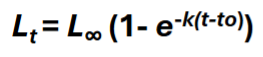 <p>L(t) = L(8) (1-e^-k(t-to))</p><p>L = length</p><p>L (8) = asymptotic or max L</p><p>t = time</p><p>e = natural log</p><p>k = rate constant</p>