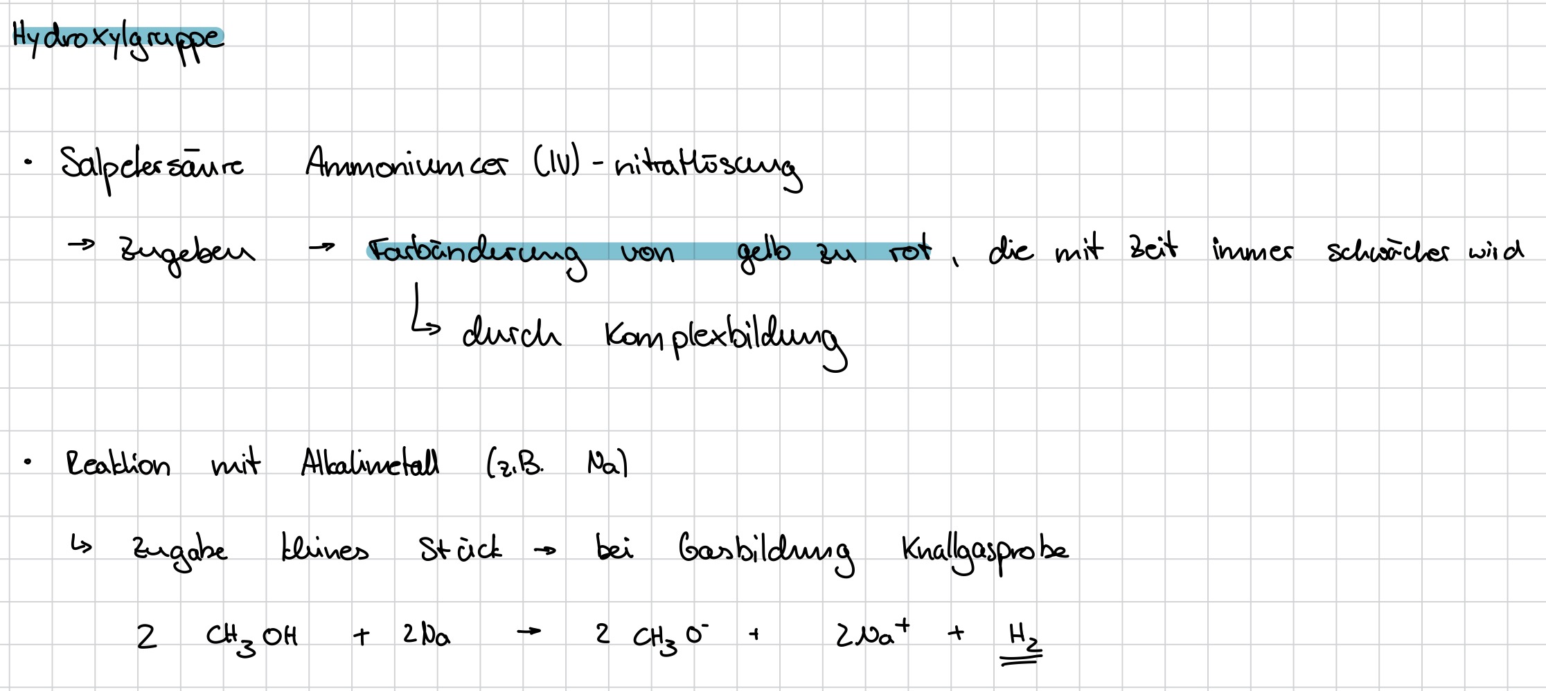 <p>Mit salpertersäureamonium(IV)nitratlösung oder alkalimetall → gasbildung → knallgasprobe </p>