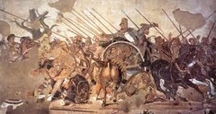 <p>Form:</p><p>-mosaic copy of a Greek wall painting</p><p>-tessarae: individual pieces of a mosaic</p><p>-spacial illusionism</p><p>-interweaving of figures</p><p>Content:</p><p>-Alexander the Great confront Darius III at Battle of Isos</p><p>-dead tree signifies the death and sadness</p><p>Function:</p><p>-floor mosaic showing dramatic representation of a historical event</p><p>-last major defeat of the Persians</p><p>Context:</p><p>-Roman Republic </p><p>-House of Faun, Pompeii 100 BCE</p>