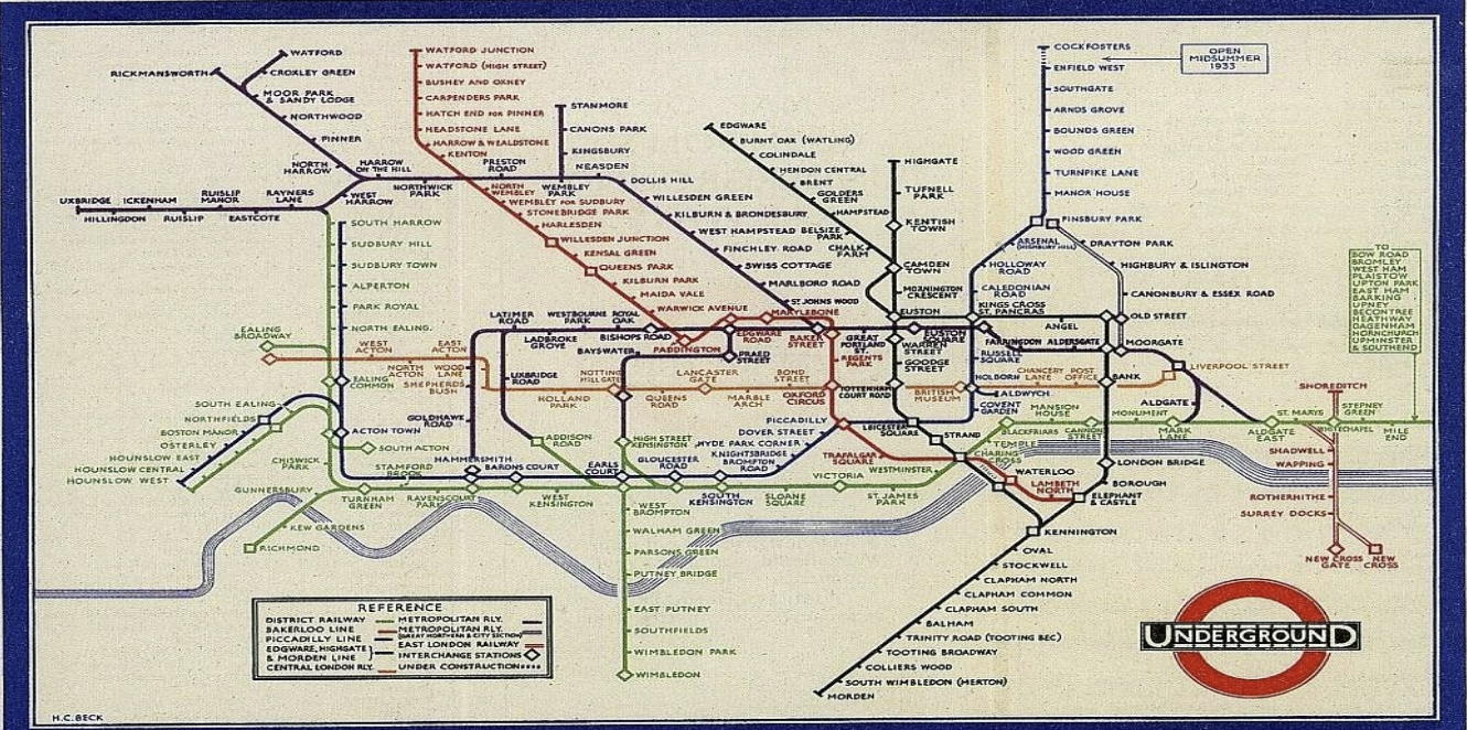 <p>-<span>Beck was inspired by diagrams of <strong>electric circuits which use color and geometry</strong></span></p><p><span>-<strong>reduced the irregular crazy layout of the system into a clean grid-based design</strong></span></p>