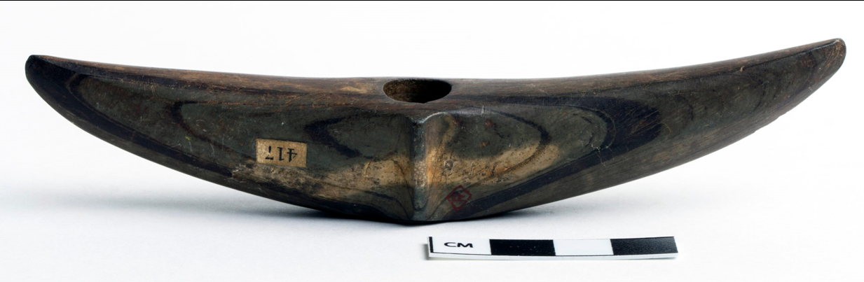 <p>Curved Pick Bannerstone, Neolithic (North American), 6,000-1,000 B.C.E, banded slate </p>