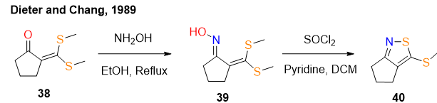 <p>First, compound <strong>38</strong> reacts with hydroxylamine. The nitrogen of NH2OHNH_2OHNH2​OH attacks the ketone carbonyl, giving a carbinolamine intermediate. After proton transfers and loss of water, the <strong>oxime 39</strong> is formed. This is the normal condensation of a ketone with hydroxylamine.</p><p>The second step is the key ring-forming step. In the presence of <strong>SOCl₂ and pyridine</strong>, the oxime OH is activated. The oxime oxygen attacks SOCl₂, forming an <strong>O-sulfinyl chloride / chlorosulfite-type intermediate</strong>. This converts the oxime hydroxyl group into a much better leaving group. Pyridine traps the HCl that is formed.</p><p>Then, one of the neighbouring <strong>methylthio groups</strong> attacks intramolecularly at the activated oxime nitrogen, forming a new <strong>N–S bond</strong>. This closes the five-membered isothiazole ring. Since that sulfur initially bears a methyl group, the cyclised intermediate is a <strong>sulfonium species</strong>. Loss of the methyl group, for example as MeCl, restores a neutral sulfur atom and gives the aromatic fused <strong>isothiazole 40</strong>. The second methylthio group remains as the substituent on the isothiazole ring.</p>