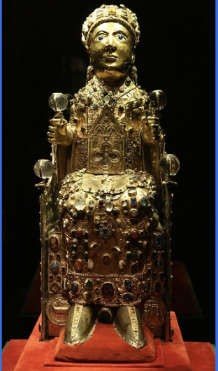 <p>Reliquary of St. Foy</p><ul><li><p>includes part of body of holy individual (St. Foy)</p></li><li><p>people would circumambulate it</p></li></ul><p></p>