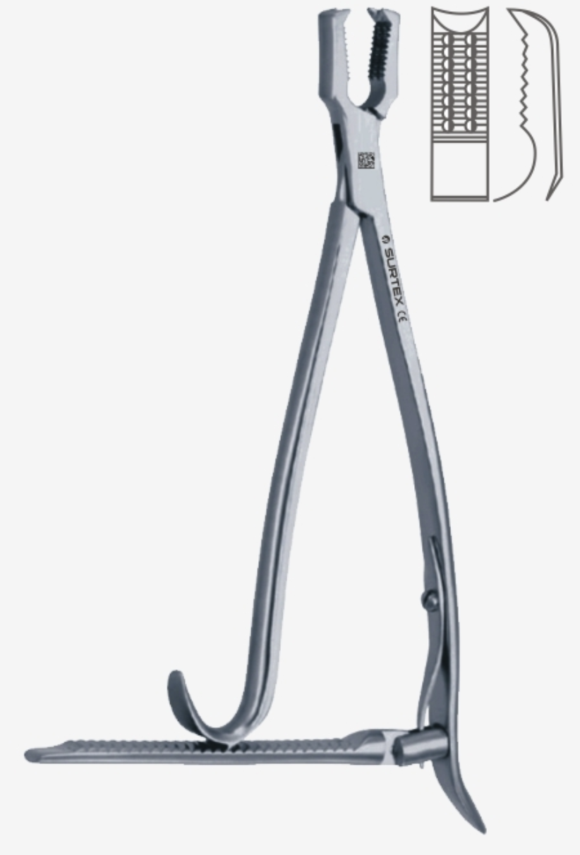 <p>Instrument with serrated bowed jaws used to securely hold and align bone in fracture repair surgeries</p>