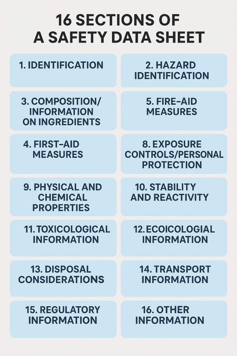 <p>There are 16 sections. Key sections Include:</p><p>(1) Identification</p><p>(2) Hazards</p><p>(4) First Aid</p><p>(8) Exposure Controls/Personal Protection</p>
