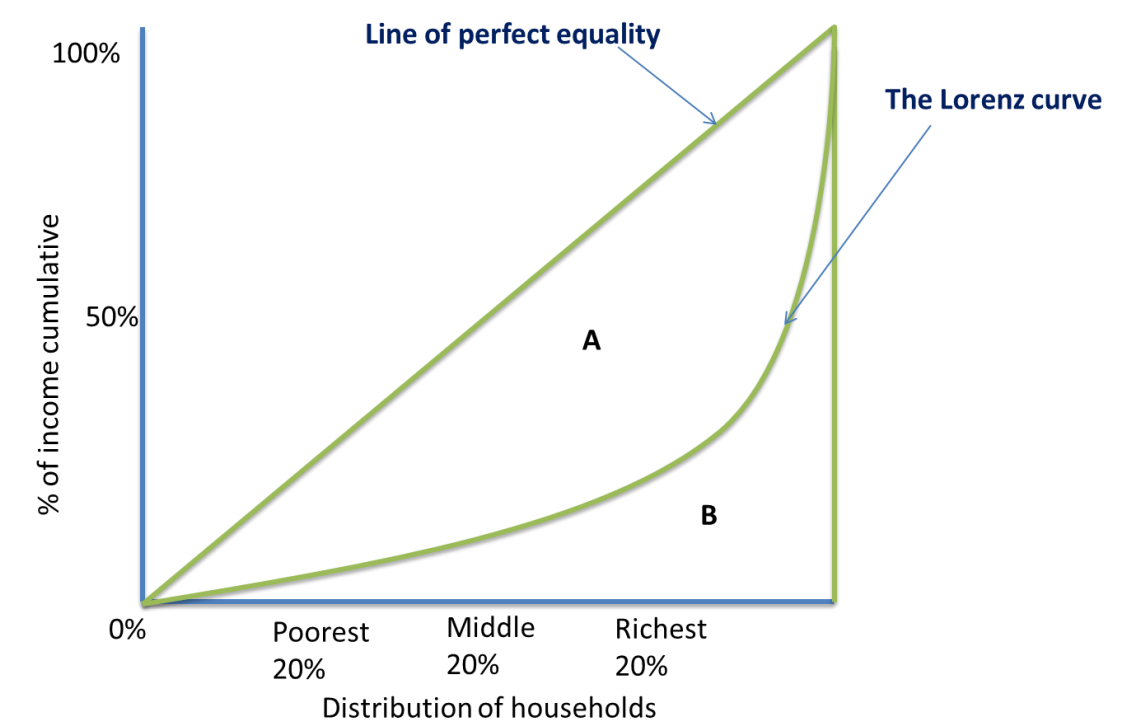 <ul><li><p>shows cumulative % of population plotted against the cumulative % of income that those people have</p></li><li><p>perfectly equal society would have a straight line</p></li><li><p><mark data-color="blue" style="background-color: blue; color: inherit;">degree of bend away from straight line indicates degree of inequality</mark></p></li></ul><p></p>