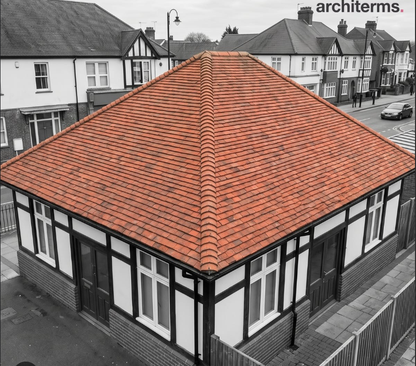 <p>The exterior edge formed by the intersection of two sloping roof surfaces.</p>