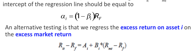 <p>run a time series regression of that asset’s excess returns on the market excess return. if A doesn’t equal zero CAPM doesn’t work so well</p>