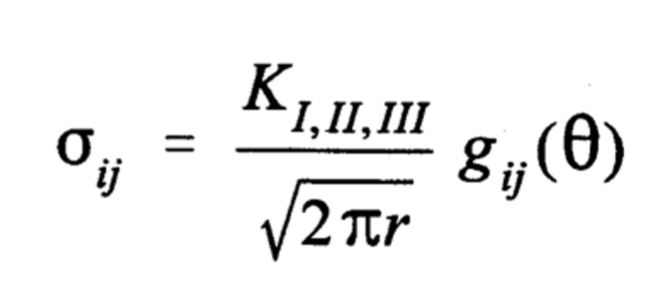 <ol><li><p>The stress distribution around any crack in a structure is of similar form and</p><p>depends on r and Θ</p></li><li><p>The difference between one cracked component and another lies in the</p><p>magnitude of the stress field parameter K</p><p></p></li></ol><p></p>