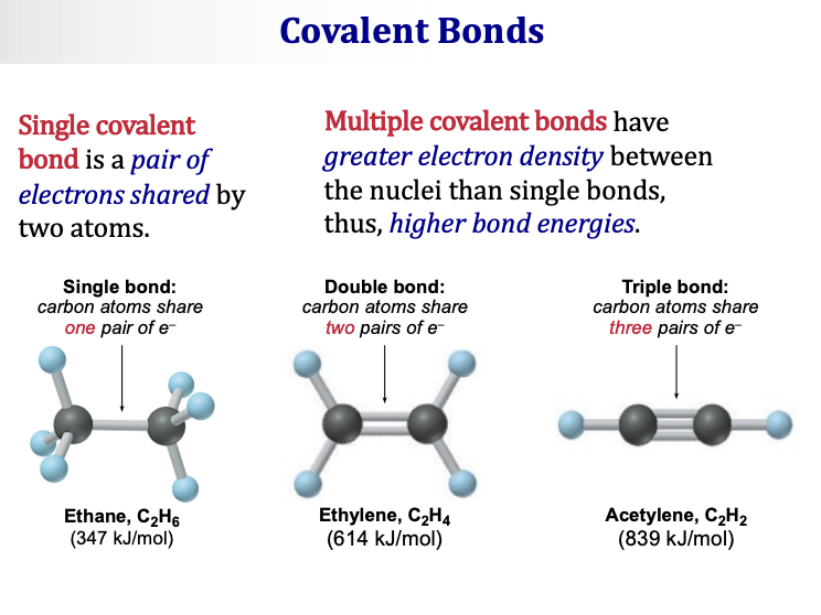 <p><span><strong>Single covalent bond</strong></span> = a <span><strong>pair of electrons shared</strong></span> by two atoms.</p><p>&nbsp;</p><p><span><strong>Multiple covalent bonds</strong></span> have <span><strong>greater electron density between the nuclei</strong></span> than single bonds, thus, <span><strong>higher bond energies.</strong></span></p><p>&nbsp;</p><p>Three types of covalent bonds:</p><p>&nbsp;</p><p><span><strong>Single bond</strong></span> — carbon atoms share <span><strong>one pair of electrons:</strong></span></p><ul><li><p><span>Example: Ethane, C₂H₆ — bond energy = <strong>347 kJ/mol</strong></span></p></li><li><p><span>Written as C—C</span></p></li></ul><p>&nbsp;</p><p><span><strong>Double bond</strong></span> — carbon atoms share <span><strong>two pairs of electrons:</strong></span></p><ul><li><p><span>Example: Ethylene, C₂H₄ — bond energy = <strong>614 kJ/mol</strong></span></p></li><li><p><span>Written as C=C</span></p></li></ul><p>&nbsp;</p><p><span><strong>Triple bond</strong></span> — carbon atoms share <span><strong>three pairs of electrons:</strong></span></p><ul><li><p><span>Example: Acetylene, C₂H₂ — bond energy = <strong>839 kJ/mol</strong></span></p></li><li><p><span>Written as C≡C</span></p></li></ul><p>More pairs of shared electrons = stronger bond = higher bond energy = shorter bond length.</p><p>&nbsp;</p>