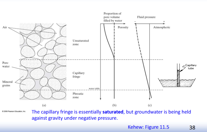 <p>Zones of subsurface water; Capillary action or Capillarity</p>