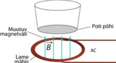 <p>1. Pliidi sees olevasse vaskjuhtmest spiraali lastakse vahelduvvool</p><p>2. Juhtme ümber tekib muutlik magnetväli</p><p>3. Kui muutlikkuse magnetvälja asetada elektrijuhist ese, siis industreerub sinna induktsioonivool</p><p>4. Kuna pann on valmistatud roostevabast terasest, siis on see halb elektrijuht ja induktsioonivoolul on suur elektritakistus</p><p>5. Suure elektritakistuse korral tekib hõõrdumine ja sellest omakorda soojus</p><p>6. Pann läheb kuumaks</p>