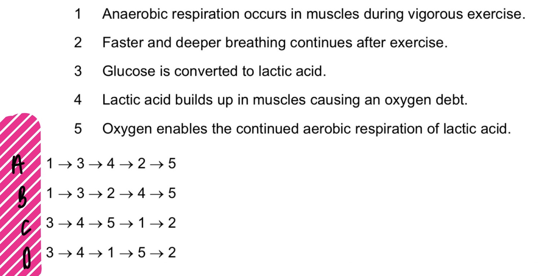 <p>Which sequence of statements explains the build-up and removal of oxygen debt?</p>