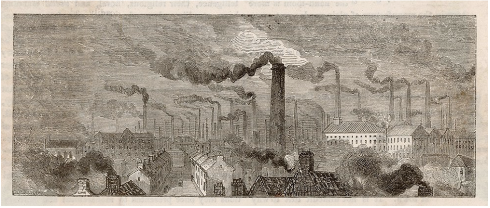<p><span style="background-color: transparent;">Manchester became one of the first major industrial cities, and this illustration shows the dramatic impact of railroads on the urban landscape. The arrival of the London and North Western Railway symbolized new transportation networks linking industrial cities to national and global markets. Urban space is dominated by factories, smoke, and dense infrastructure, highlighting the transformation of cities into industrial production centers. The image reflects how rail infrastructure reshaped city growth, mobility, and economic geography.</span></p>