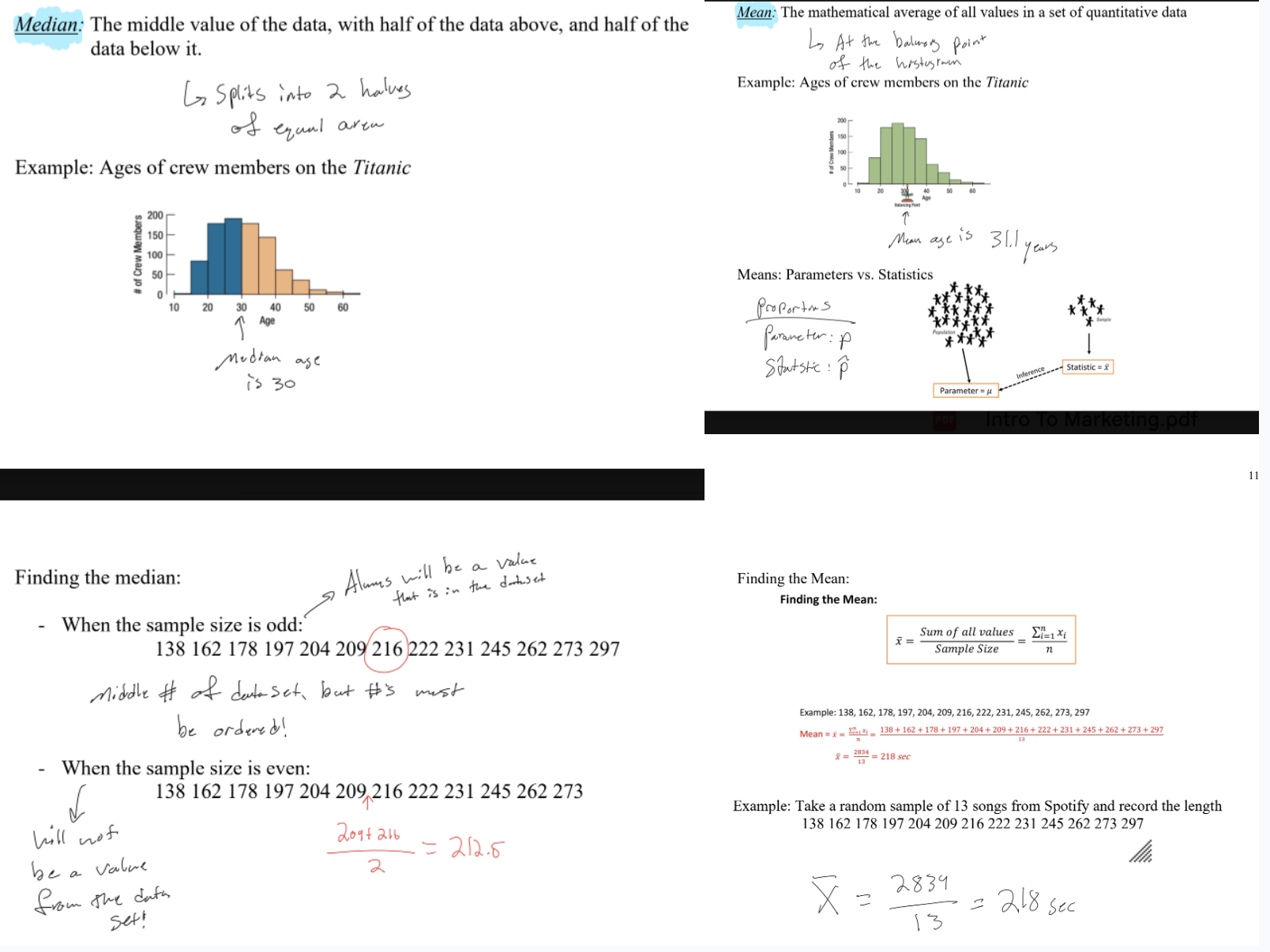 <ul><li><p>Median = middle value (half above, half below). </p><ul><li><p>Sort the data; odd n → the middle value; even n → the average of the two middle values (may not be a data value). </p></li></ul></li><li><p>Mean = x-bar = (sum of all values) ÷ n (balance point of the histogram). </p><ul><li><p>Mean = x-bar (statistic), mu (μ) (parameter).</p></li></ul></li></ul><p></p>