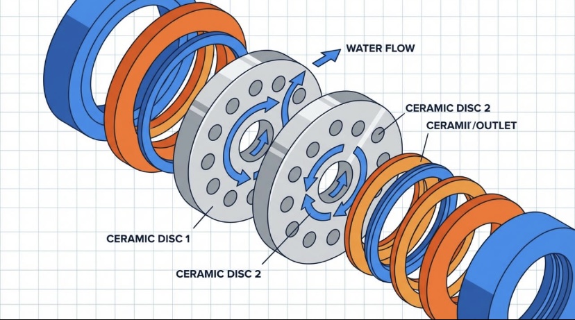 <p>• A <strong>washer less faucet</strong> that uses <strong>two highly polished ceramic disks</strong> to control water flow and temperature.</p><p><span data-name="point_right" data-type="emoji">👉</span> Think: <strong>“Most durable faucet type.”</strong></p><p>The ceramic disks slide against each other to open, close, or mix water.</p><p></p><p><span data-name="gear" data-type="emoji">⚙</span><strong> Main Components</strong></p><p><strong>Ceramic Disks</strong></p><ul><li><p>Extremely hard ceramic plates</p></li><li><p>One disk is fixed</p></li><li><p>One disk moves with the handle</p></li></ul><p><strong>Pressure Balance Chamber</strong></p><ul><li><p>Helps regulate water flow</p></li></ul><p></p><p><span data-name="house" data-type="emoji">🏠</span><strong> Common Uses</strong></p><ul><li><p>Residential lavatories</p></li><li><p>Kitchen sinks</p></li><li><p>Premium plumbing fixtures</p></li><li><p>Commercial buildings</p></li><li><p>High-end faucets</p></li></ul><p></p><p><span data-name="check_mark_button" data-type="emoji">✅</span><strong> Advantages</strong></p><p><strong>Extremely Durable</strong></p><ul><li><p>Longest service life among common faucet types</p></li></ul><p><strong>Washerless Design</strong></p><ul><li><p>No rubber washers to replace</p></li></ul><p><strong>Smooth Operation</strong></p><ul><li><p>Easy opening and closing</p></li></ul><p><strong>Leak Resistant</strong></p><ul><li><p>Ceramic surfaces provide excellent sealing</p></li></ul><p><strong>Low Maintenance</strong></p><ul><li><p>Few repairs required</p></li></ul><p></p><p><span data-name="cross_mark" data-type="emoji">❌</span><strong> Disadvantages</strong></p><p><strong>More Expensive</strong></p><ul><li><p>Higher initial cost</p></li></ul><p><strong>Sensitive to Debris</strong></p><ul><li><p>Sand and grit can damage ceramic surfaces</p></li></ul><p><strong>Requires Clean Water</strong></p><ul><li><p>Often benefits from filtration</p></li></ul><p></p>