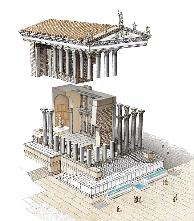 <ul><li><p>vowed in 48 BC to Venus Victrix (same as Temple in Pompey’s theatre)</p></li><li><p>later re-dedicated to Venus Genetrix</p></li><li><p>decorated with antique paintings, engraved gems, etc. </p></li><li><p>cella lined with two superimposed colonnades</p></li><li><p>friezes from lower order showing Venus playing with spoils of war</p></li></ul><p></p>