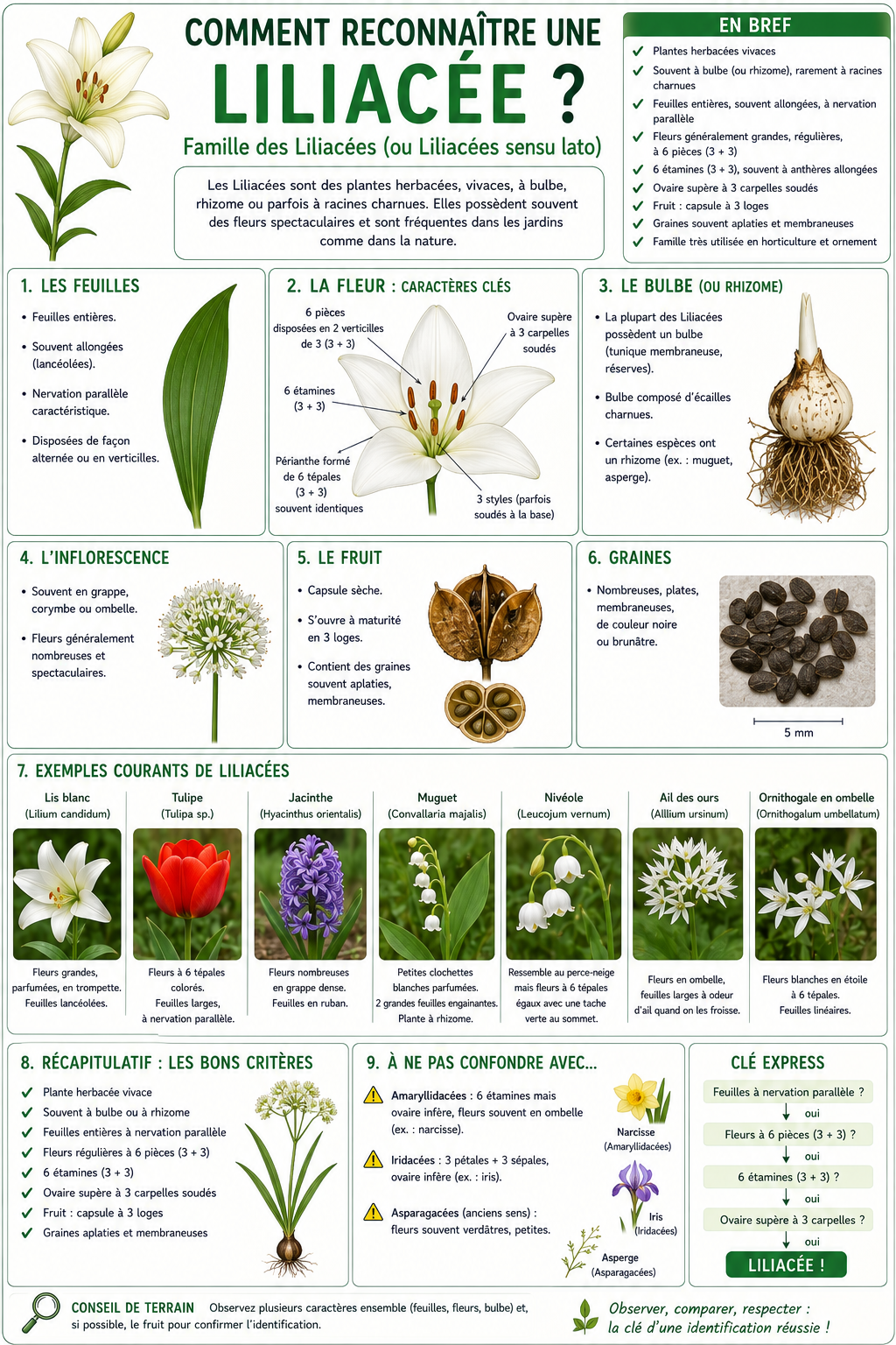 <p>Les Liliaceae sont des monocotylédones souvent issues de bulbes. Le premier indice est la présence d’un organe de réserve (bulbe) et de feuilles longues, rubanées, à nervures parallèles.</p><p>Les fleurs sont très caractéristiques : elles sont trimères, avec 6 tépales (3 + 3) souvent colorés et ressemblant à des pétales. Il n’y a pas de distinction entre sépales et pétales.</p><p>Les fleurs sont souvent grandes, visibles, parfois solitaires ou en petites inflorescences, avec 6 étamines et un ovaire supère.</p><p>Le fruit est une capsule ou une baie.</p><p>Résumé : monocot + 6 tépales colorés + bulbe = Liliaceae.</p>