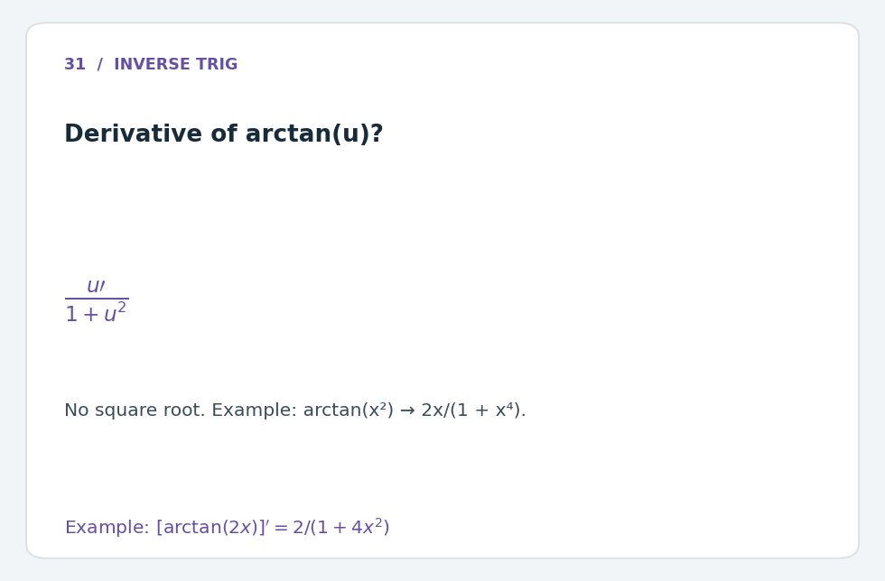 <p>u'/(1+u^2). No square root. Example: arctan(x^2) becomes 2x/(1+x^4).</p>