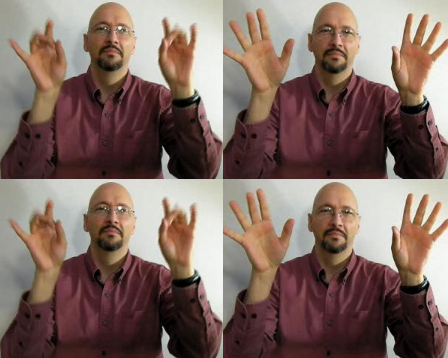 <p>Hold your hands up with the middle fingers touching the thumbs. Thrust your hands forward and upward while changing your handshape to "flat hands" or "five hands." Repeat.</p>