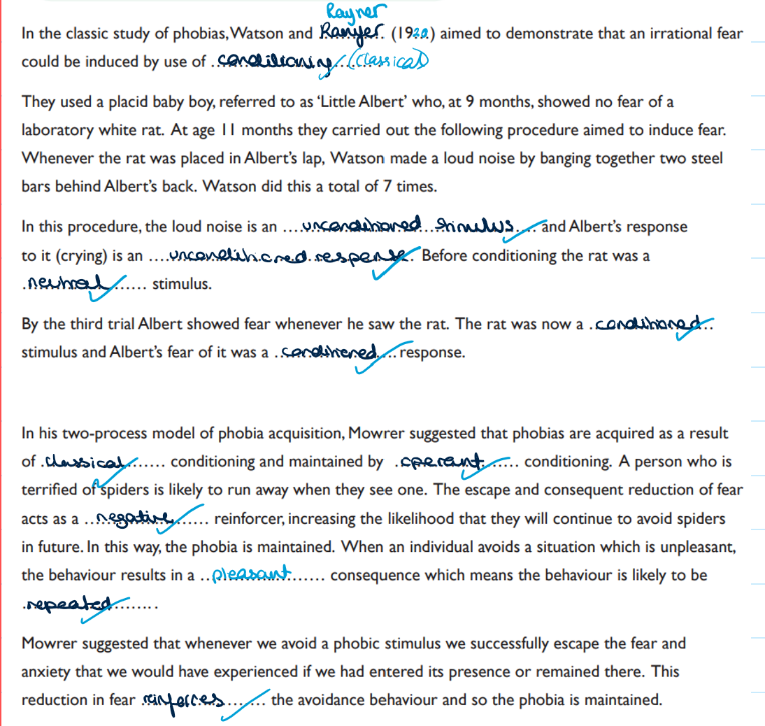 <p>The two way approach states that phobias are learned first by classical conditioning and then continue due to operant conditioning.</p><p>One of the behavioural characteristics of phobias is avoidance - by avoiding a situation which the individual feels unpleasant, the avoidance behaviour is negatively reinforced as it results in a desirable response (individual escapes the fear/ anxiety form the situation).</p><p>The reduction in fear/ anxiety reinforces the avoidance behaviour to maintain the phobia.</p>