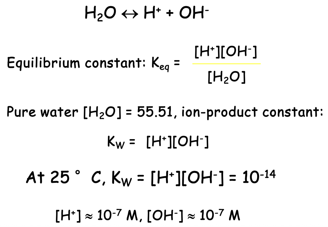 <ul><li><p>can dissociate into a proton and a hydroxy ion</p></li><li><p>in pure water at room temp., the concentration of protons and hydroxy ions are equal</p></li><li><p>can change the concentration of protons and ions, but 10^-14 is constant</p></li></ul><p></p>