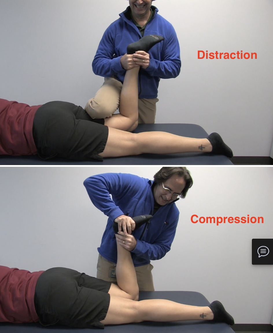 <p>LIGAMENTOUS STABILITY + MENISCUS</p><p><strong>Purpose</strong></p><ul><li><p><span style="color: red;"><strong>Rotation sprain of the soft tissue</strong></span></p></li><li><p><span style="color: red;"><strong>Meniscal tear</strong></span></p></li></ul><p></p><p><strong>How to perform</strong></p><ol><li><p>pt prone w/ knee at 90°</p></li><li><p>Stabilize the femur by half-kneeling over the pt’s hamstring</p></li><li><p>Grab pt’s foot w/ both hands</p></li><li><p>During the distraction phase, distract the tibia and rotate it</p></li><li><p>During the compression phase, compress through the foot and rotate the tibia</p></li><li><p>Compare the symptoms produced during compression and distraction.</p></li></ol><p></p><p><strong>Positive findings and interpretation</strong></p><ul><li><p><span style="color: red;"><strong>Worse pain during rotation</strong></span><strong> = rotation sprain of the soft tissue</strong></p></li><li><p><span style="color: red;"><strong>More pain with compression than distraction</strong></span><strong> = meniscal tear</strong></p></li></ul><p></p>