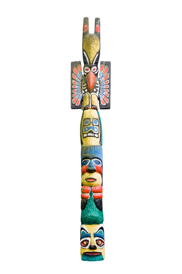 <p>a tall wooden pole with symbols cut or painted on it that tells important stories or histories of some of the indigenous people (= people whose ancestors lived in North America before Europeans came) from the west coast of Canada and the northern US</p>