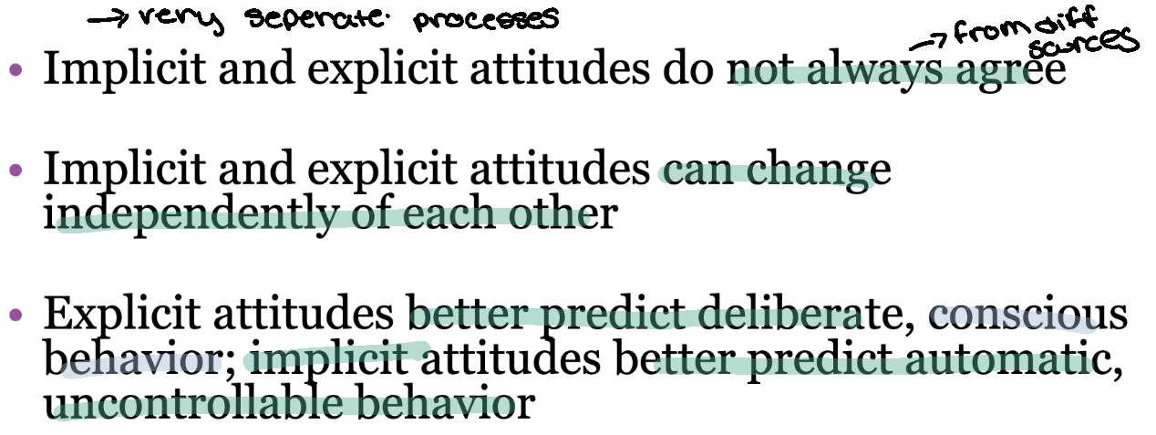 <ul><li><p>they don’t always agree</p></li><li><p>can change independently from one another</p></li><li><p>explicit attitudes are more predictable compared too implicit because implicit are unconscious</p></li></ul><p></p>