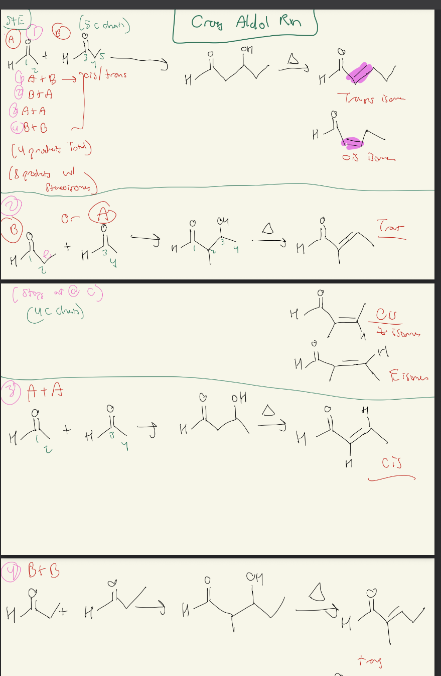 <p><strong>Cross Aldol Reaction</strong></p><p></p><p><strong>4 Different Products</strong></p><p><strong>1) A + B </strong></p><p><strong>2) B + A</strong></p><p><strong>3) A + A</strong></p><p><strong>4) B + B</strong></p>