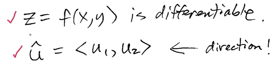 <p>The slope in the z-direction along the tangent plane to the surface at a given point, as you move in the direction of a given unit vector (the slope varies by direction; regular partial derivatives only apply along the coordinate axes)</p>