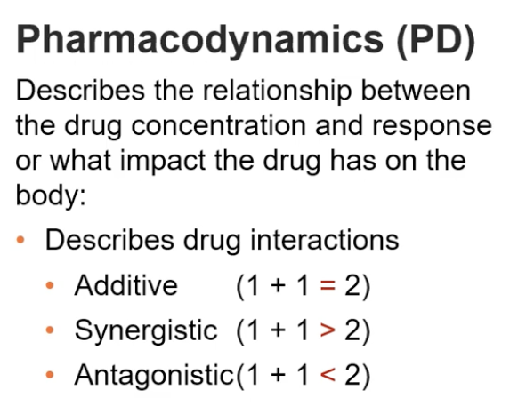 <p>How the drug affects the body. e.g. drug concentration —> response?</p>